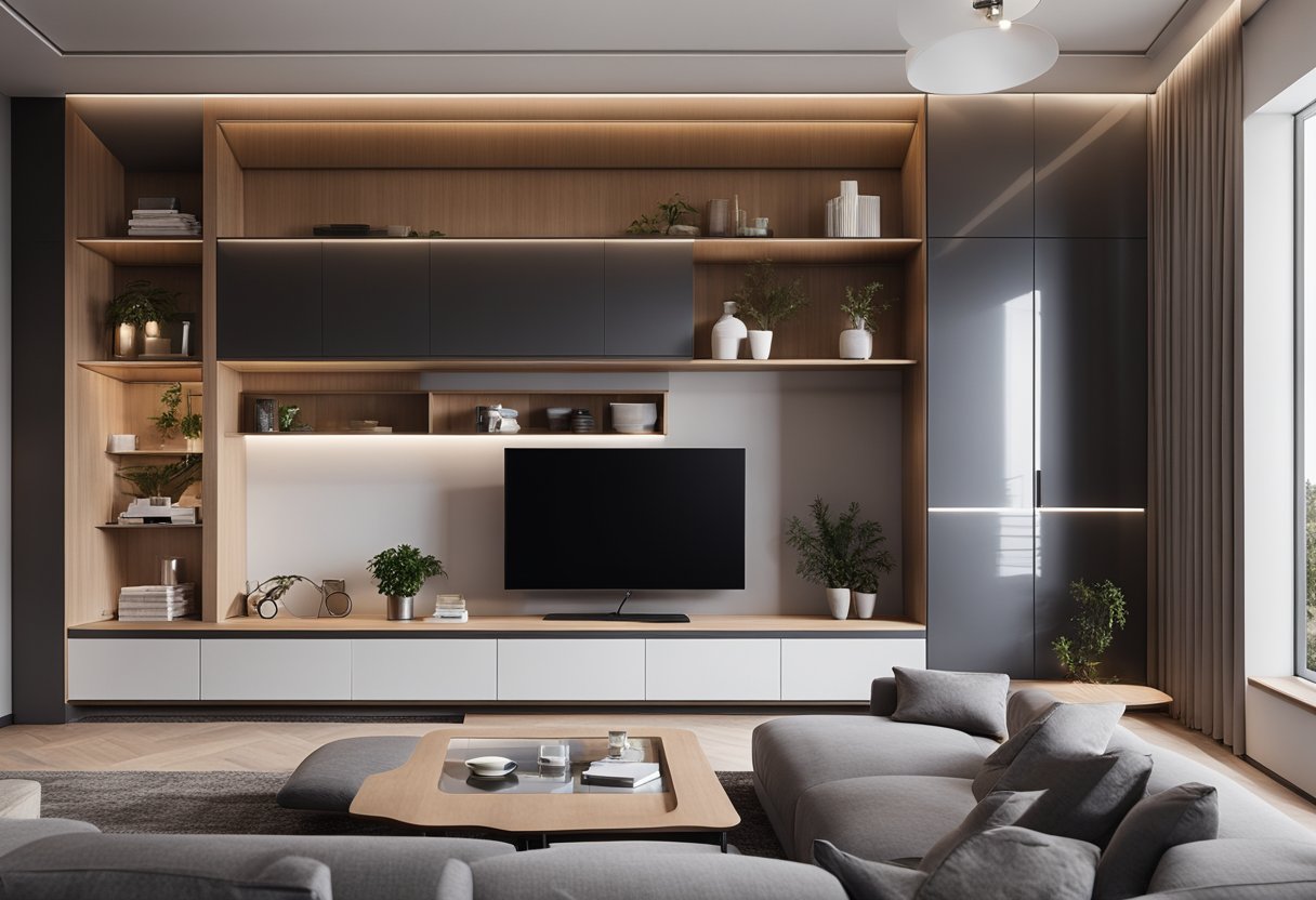 A modern living room with a sleek, built-in wardrobe, featuring clean lines, integrated lighting, and ample storage space