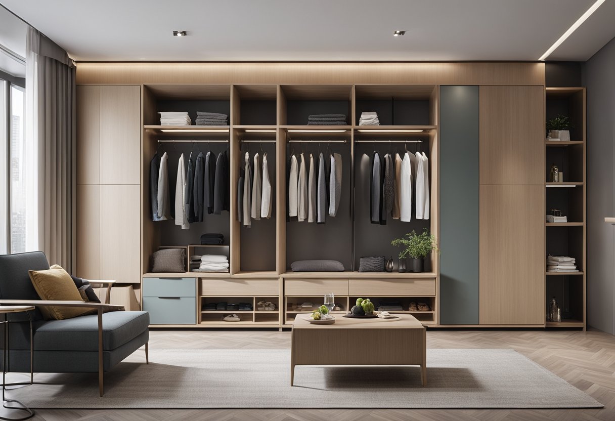 The living room wardrobe is sleek and modern, with smart features maximizing space. Shelves and drawers are neatly organized, and the design is both functional and stylish
