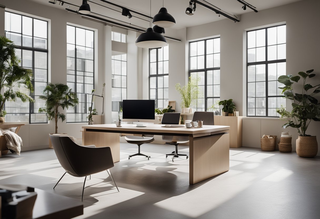A modern, minimalist interior design studio with sleek furniture, large windows, and a neutral color palette. The space is filled with natural light, creating a welcoming and inspiring atmosphere