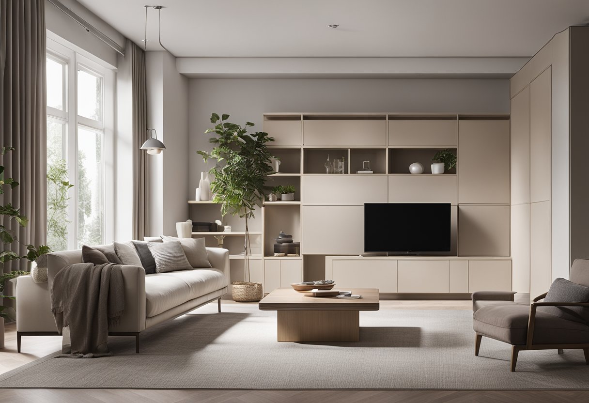A modern living room with a sleek, minimalist wardrobe, neatly organized with various compartments and shelves for storage. A soft, neutral color palette creates a calm and inviting atmosphere