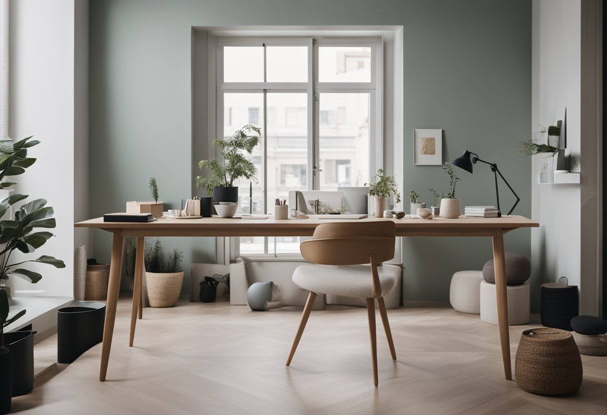 A modern and minimalist interior design studio with sleek furniture, large windows, and a soothing color palette. A desk with neatly organized samples and a mood board on the wall