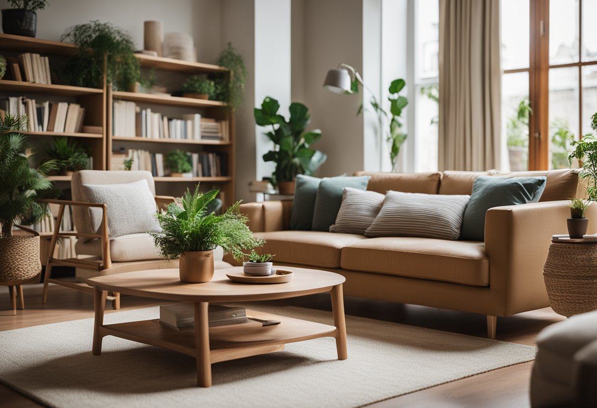 A cozy living room with sleek wooden furniture, including a coffee table, bookshelves, and a comfortable sofa. The room is bathed in warm natural light, with a rug on the floor and decorative plants adding a touch of greenery