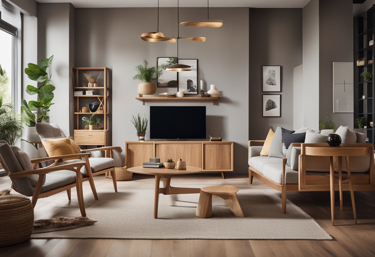 A cozy living room with a mix of modern and traditional wooden furniture pieces, carefully selected to complement the space's design and create a warm and inviting atmosphere