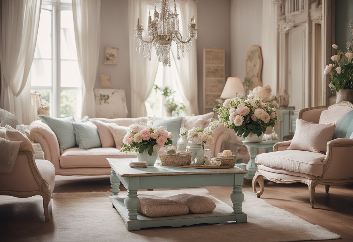 A cozy shabby chic living room with distressed furniture, soft pastel colors, floral patterns, and vintage accessories. A mix of elegance and worn-out charm