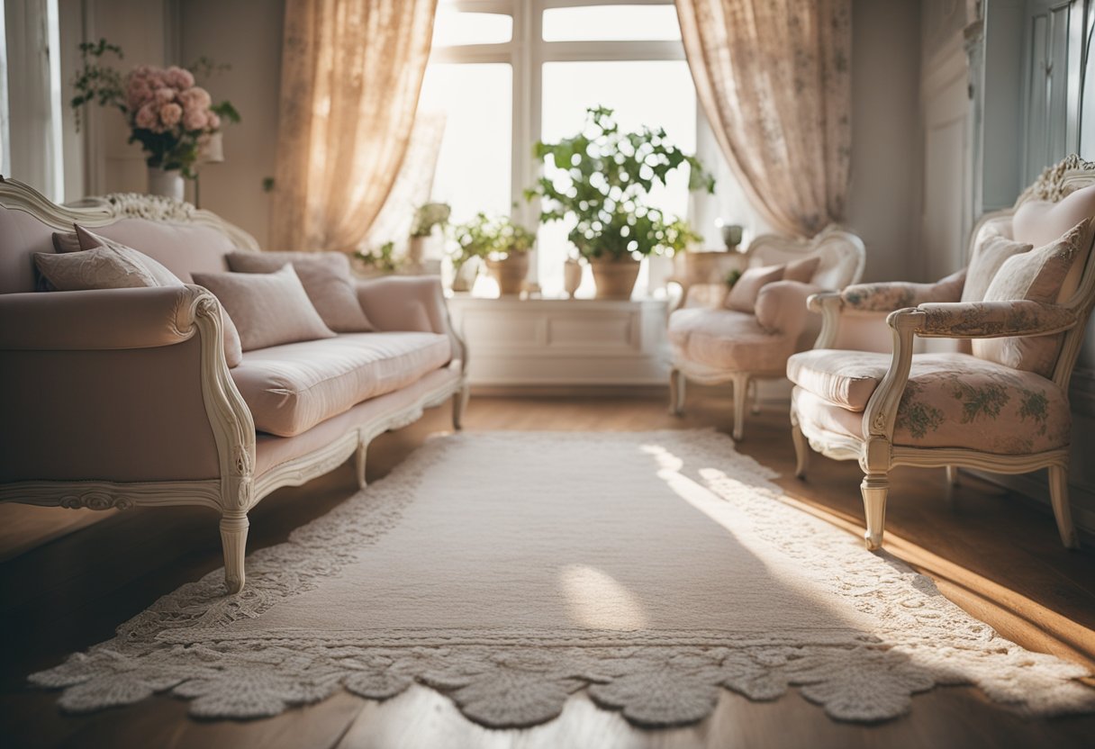 A cozy shabby chic living room with distressed furniture, floral patterns, vintage decor, and soft pastel colors. Sunlight streams through lace curtains, casting a warm glow on the worn wooden floors