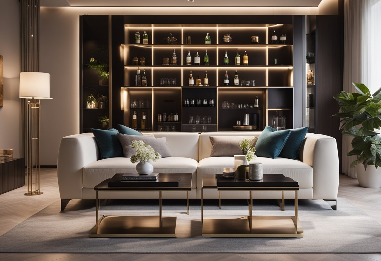 A sleek, modern mini bar with built-in lighting and glass shelves, situated against a backdrop of a stylish living room with comfortable seating and elegant decor