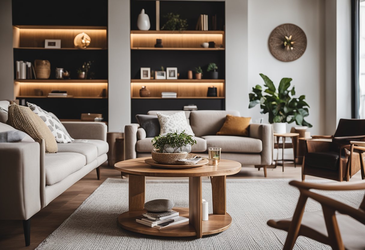 A cozy living room with various wooden furniture pieces arranged neatly, including a coffee table, bookshelves, and a comfortable sofa
