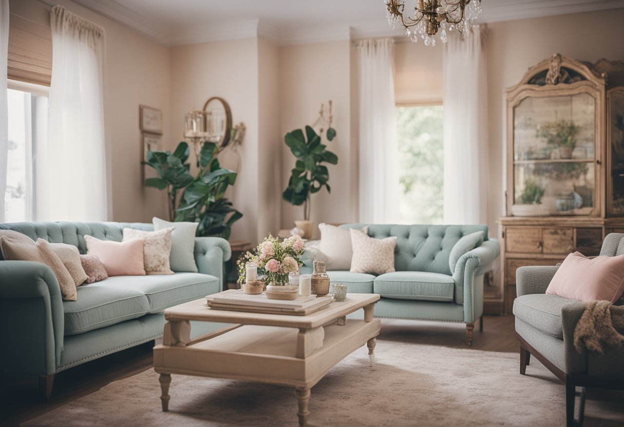 A cozy living room with distressed furniture, floral patterns, and vintage decor. Soft pastel colors and mismatched textures create a charming and inviting atmosphere