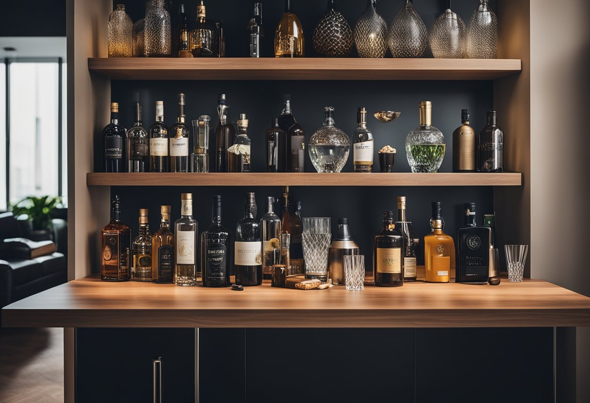 A well-stocked mini bar with various bottles, glasses, and cocktail tools on a sleek, modern shelf in a stylish living room