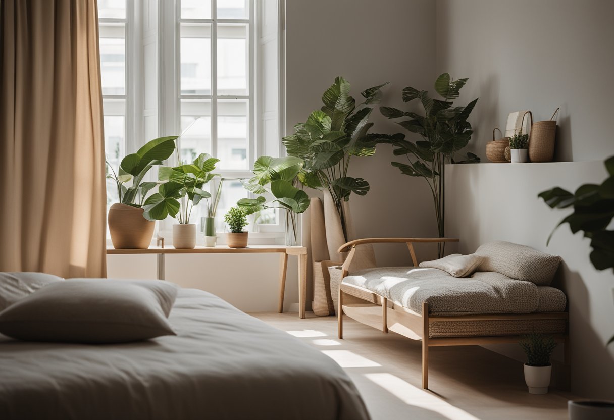 A cozy bedroom with minimalistic furniture, soft lighting, and neutral colors. A large window lets in natural light, and potted plants add a touch of greenery
