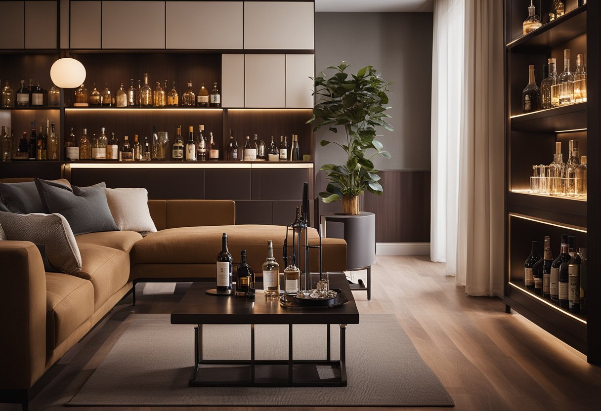 A cozy living room with a stylish mini bar featuring sleek, modern designs. The bar is stocked with various bottles and glassware, and is illuminated by warm, ambient lighting