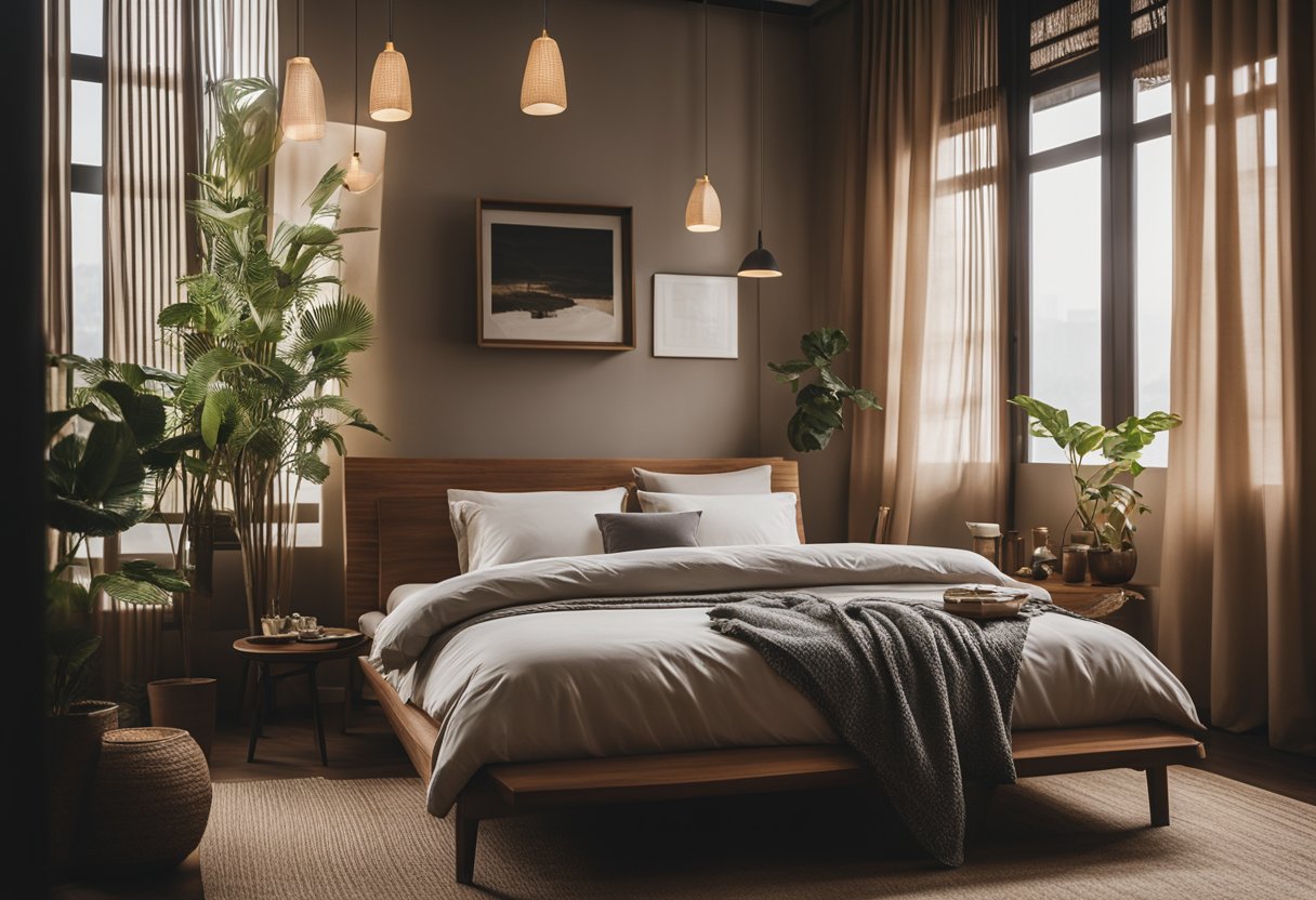 A cozy Malaysian bedroom with minimalistic furniture, warm earthy tones, and traditional textile accents