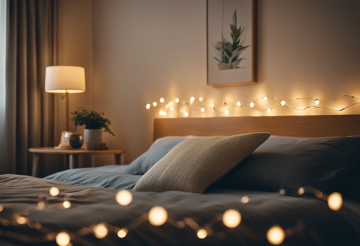 Soft, warm light spills from a bedside lamp onto a neatly made bed. A string of fairy lights adds a cozy glow to the room, while minimalist decor accents the serene ambiance