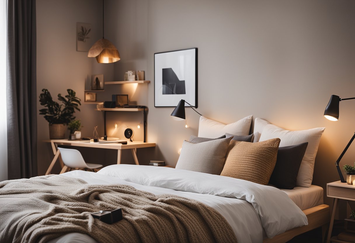 A cozy bedroom with minimalistic furniture, warm lighting, and neutral colors. A comfortable bed with soft pillows and a neatly organized workspace