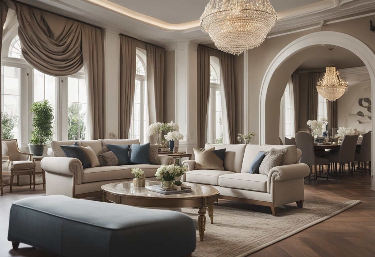 A spacious living room with a high arch design, adorned with intricate moldings and decorative accents, leading into a cozy seating area