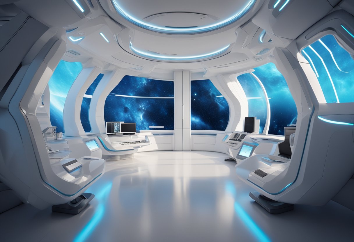 A sleek, futuristic space station interior with curved white walls, glowing blue accents, and large windows offering a breathtaking view of distant galaxies