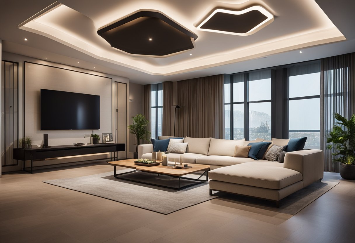 The living room features sleek, geometric gypsum ceiling designs with integrated LED lighting, creating a modern and elegant atmosphere