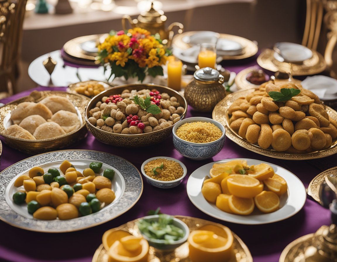 A festive dining table with traditional Eid al-Fitr dishes in Ras Al Khaimah. Colorful decorations and aromatic food create a warm and inviting atmosphere