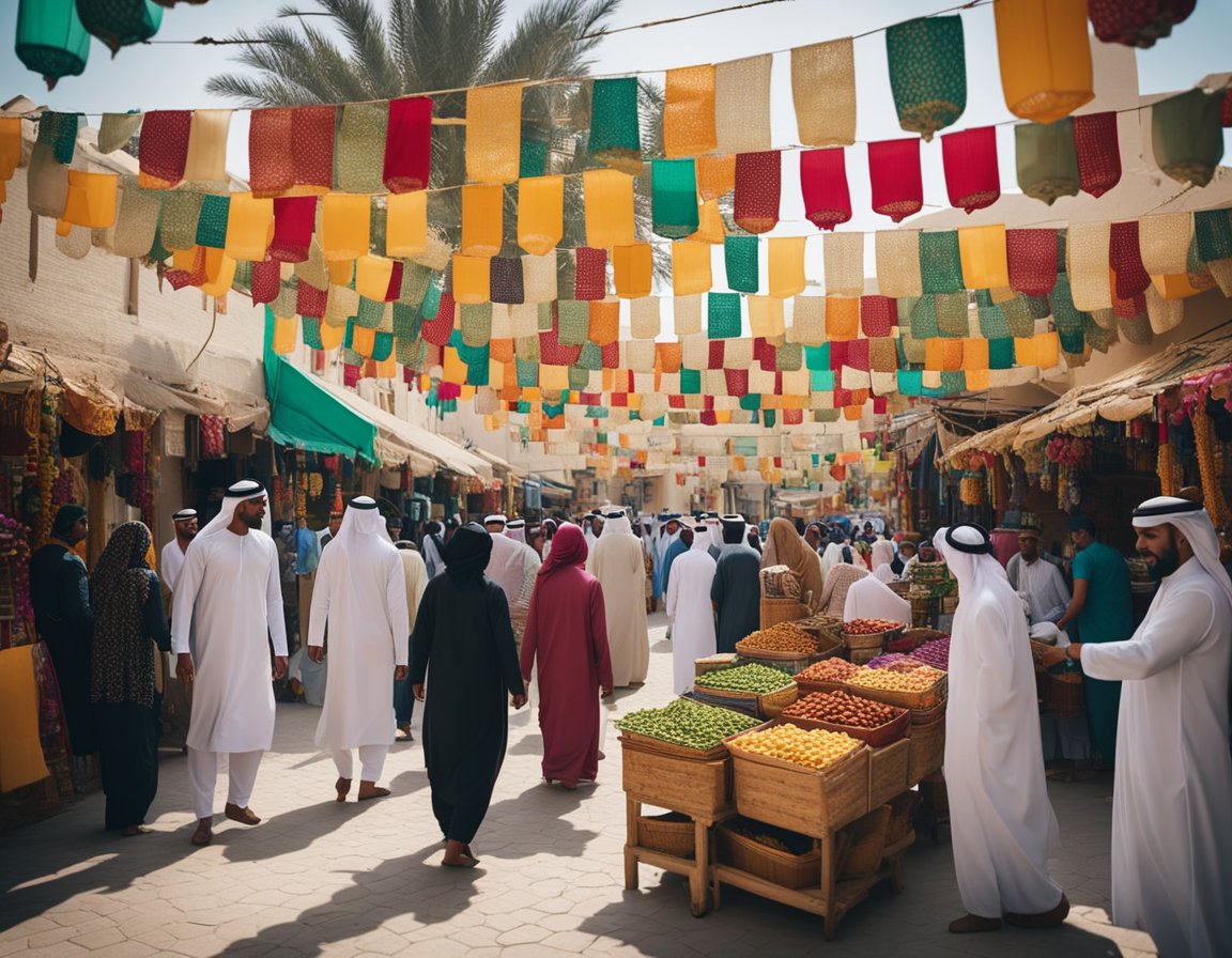 Colorful market stalls and festive decorations line the streets of Ras Al Khaimah, with families enjoying traditional music and dance performances. The air is filled with the aroma of delicious food as people shop for gifts and treats to celebrate Eid al-Fitr