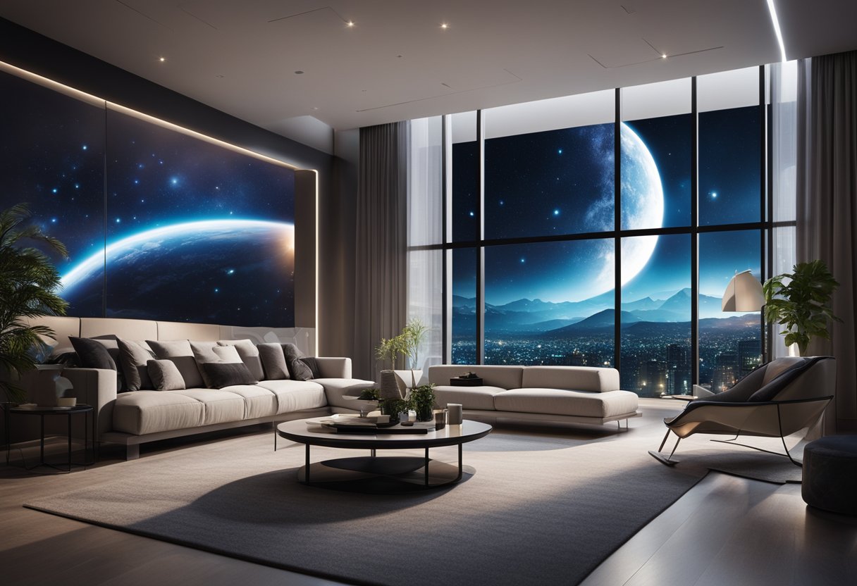 A sleek, modern living room with abstract space-themed artwork on the walls, futuristic furniture, and a large window offering a view of the night sky
