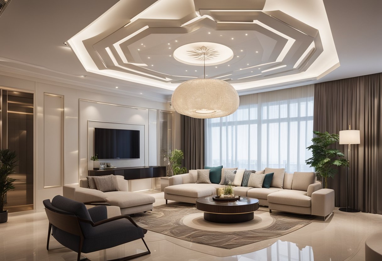 A spacious living room with intricate modern gypsum ceiling designs, featuring geometric patterns and recessed lighting