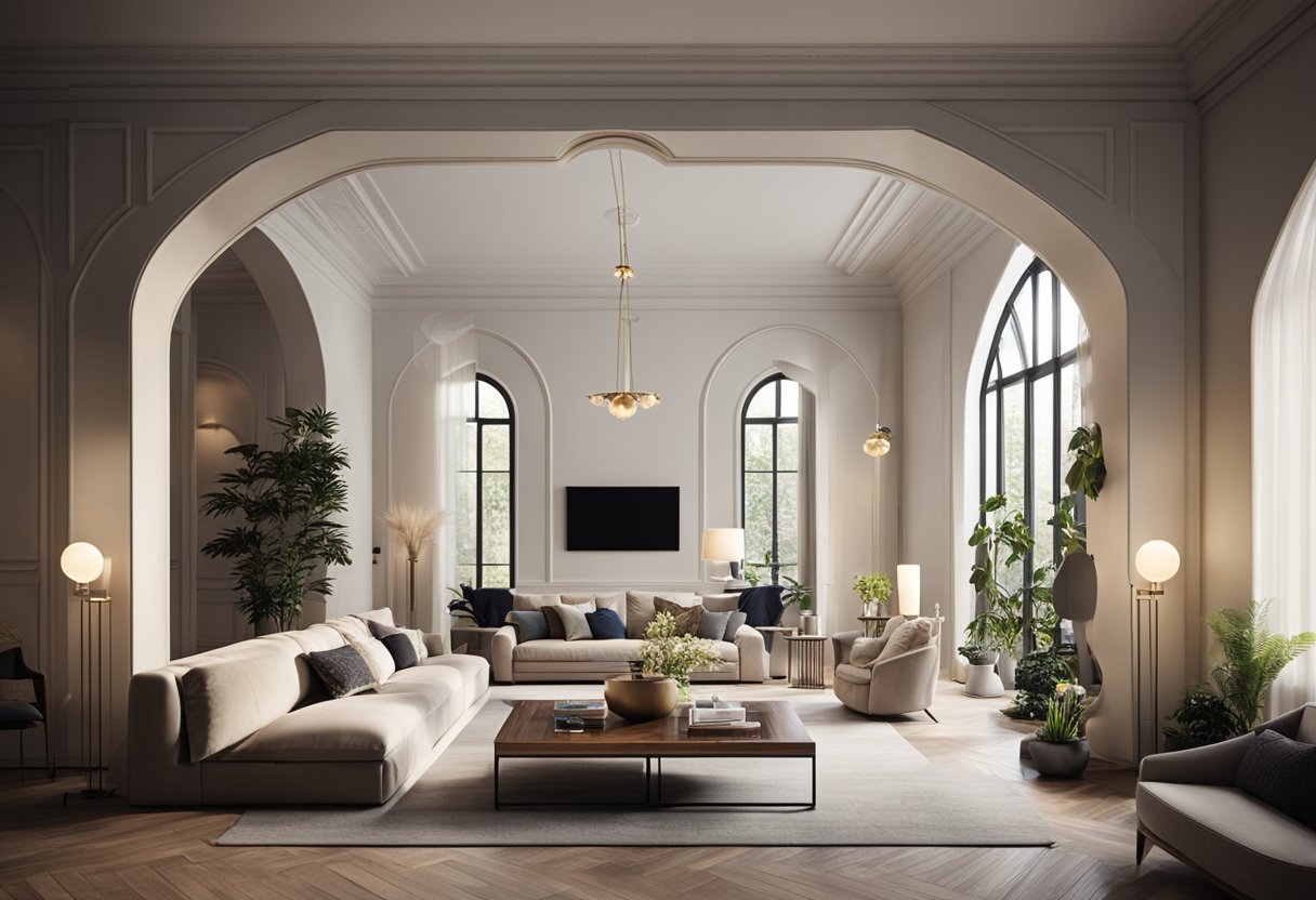 A spacious living room with a grand archway leading into a cozy seating area, adorned with elegant and modern decor