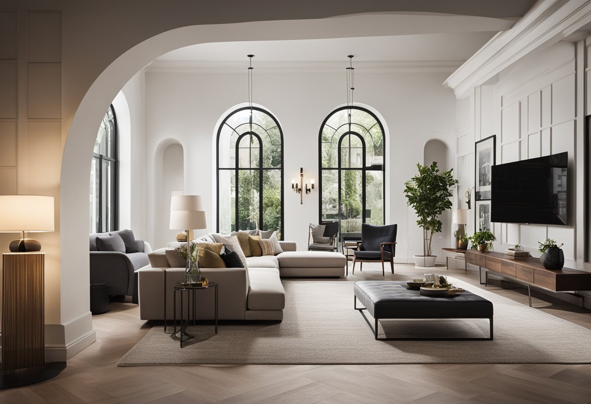 A modern living room with a large, elegant archway seamlessly integrated into the decor, adding a touch of sophistication and architectural interest