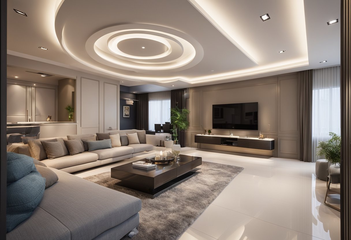 A spacious living room with a modern gypsum ceiling installation, featuring sleek and elegant designs with practical considerations