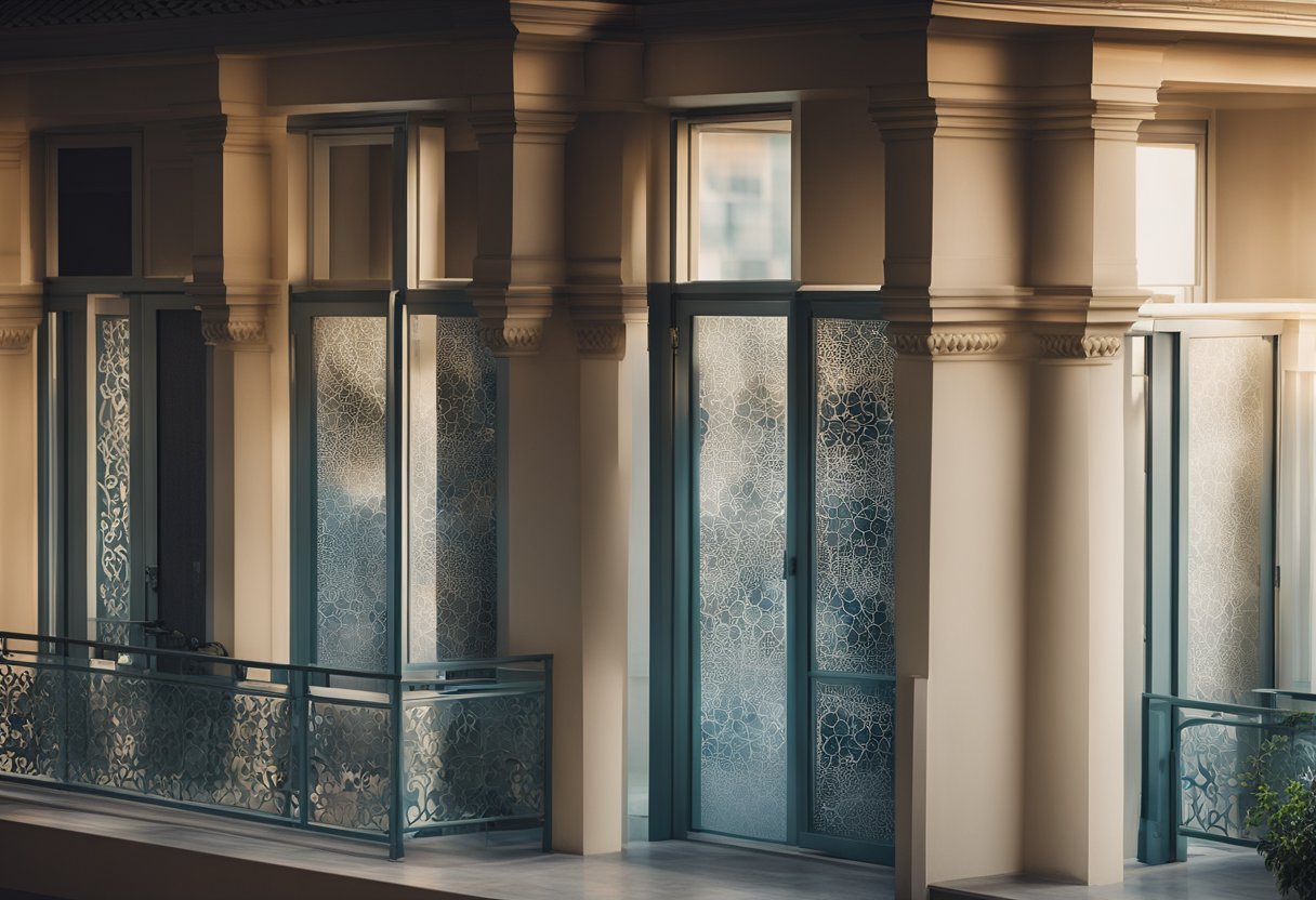 A balcony with frosted glass panels featuring intricate designs and patterns, allowing diffused light to filter through
