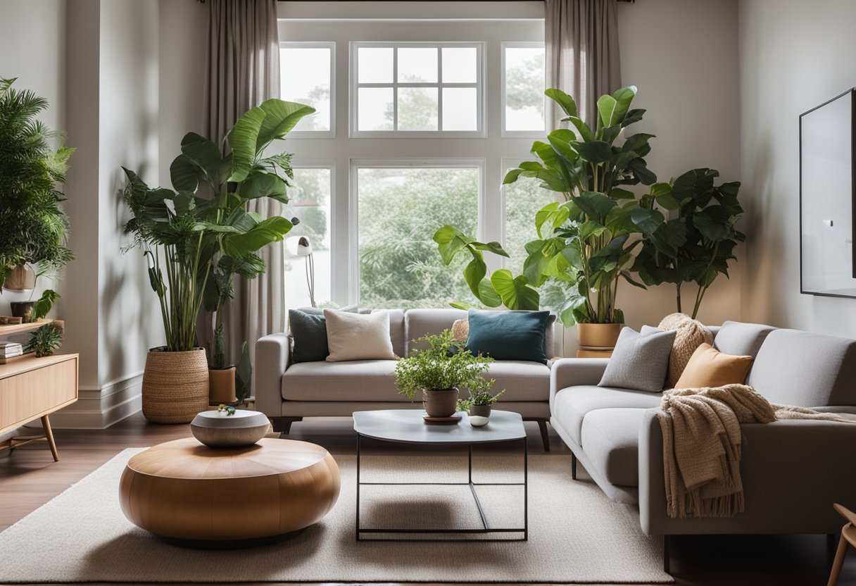 A cozy living room with modern furniture, soft lighting, and pops of color. A large window lets in natural light, and plants add a touch of greenery