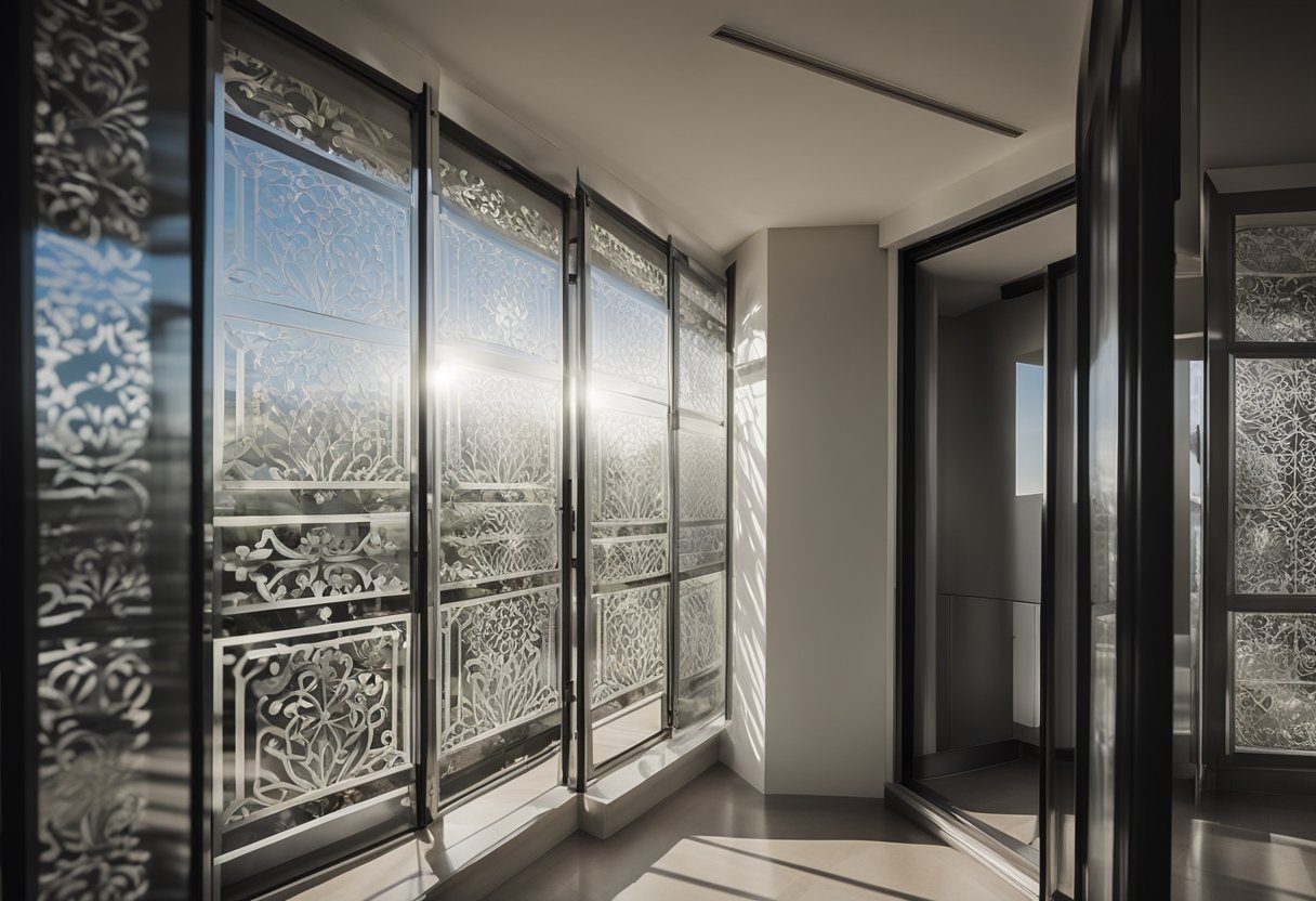 A balcony with frosted glass panels, casting soft, diffused light onto the surrounding space. Intricate designs etched into the glass, creating a sense of privacy and elegance