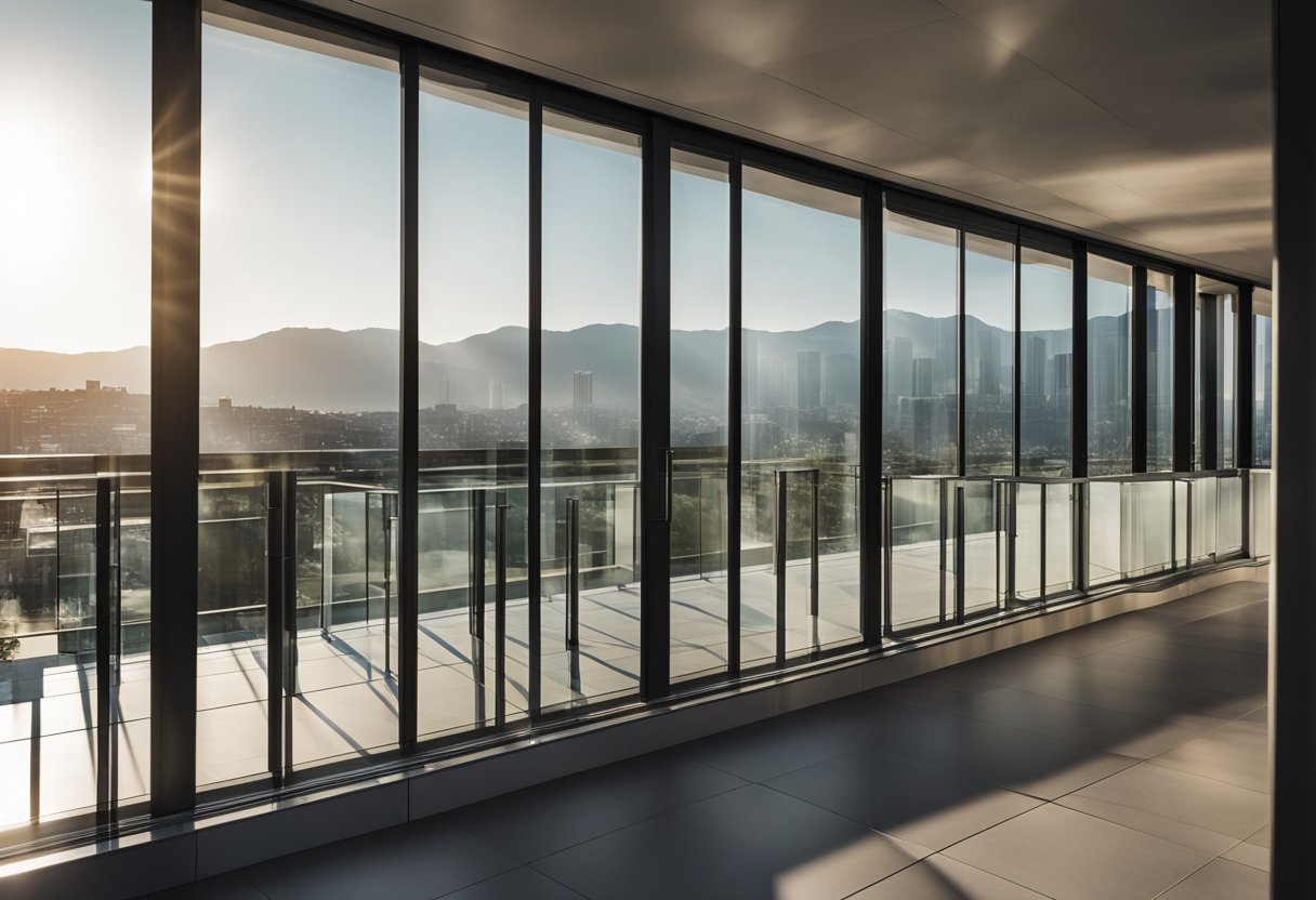 A balcony with frosted glass panels, reflecting sunlight and providing privacy. Metal frames secure the glass in place, creating a modern and sleek design