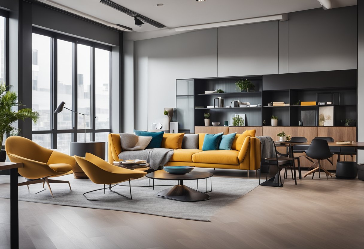 A modern, minimalist space with sleek furniture and vibrant artwork. Clean lines and pops of color create a welcoming and professional atmosphere