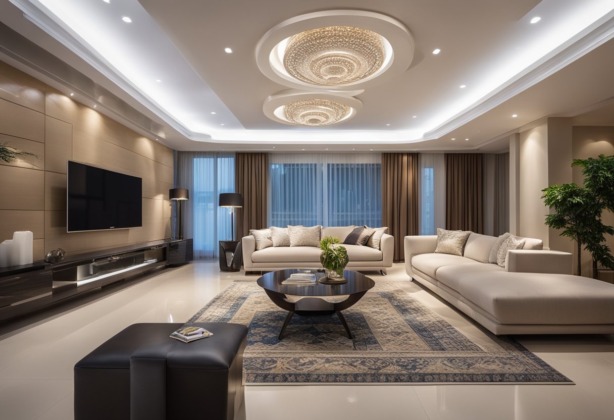 A spacious living room with a modern gypsum ceiling design featuring intricate patterns and recessed lighting