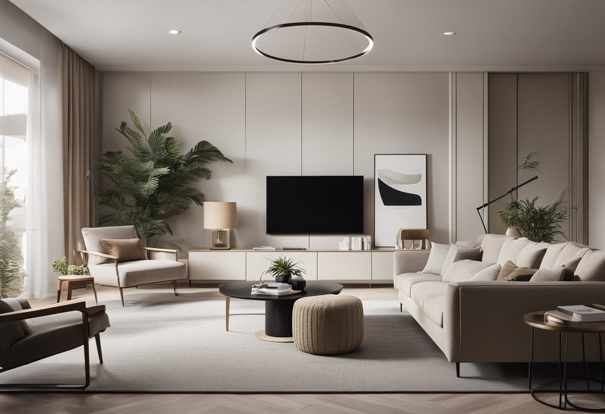 A modern living room with a sleek arch design, featuring clean lines, minimalistic furniture, and a neutral color palette