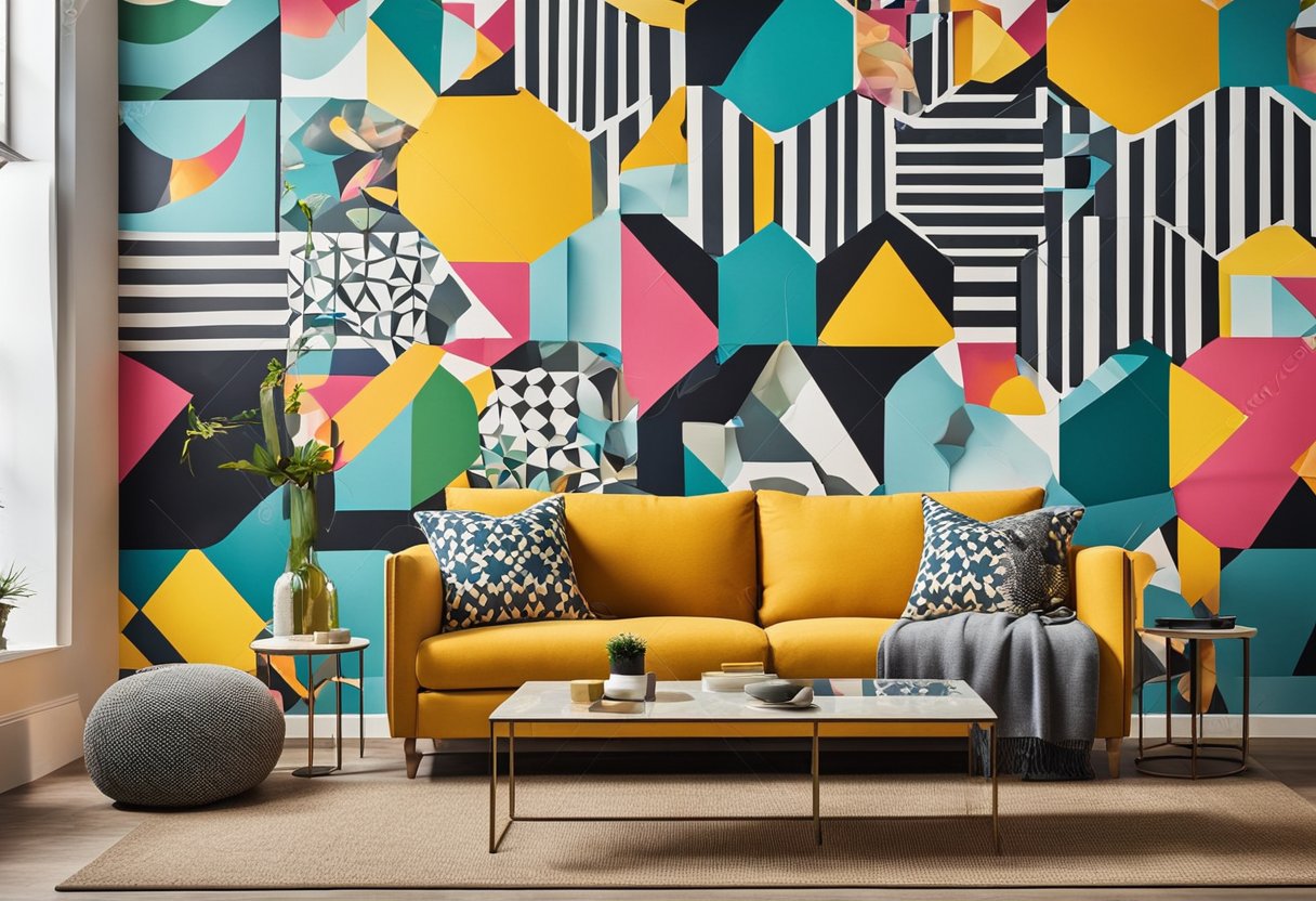 A modern living room with bold geometric patterns, bright colors, and sleek furniture. A statement wall features a vibrant pop art mural