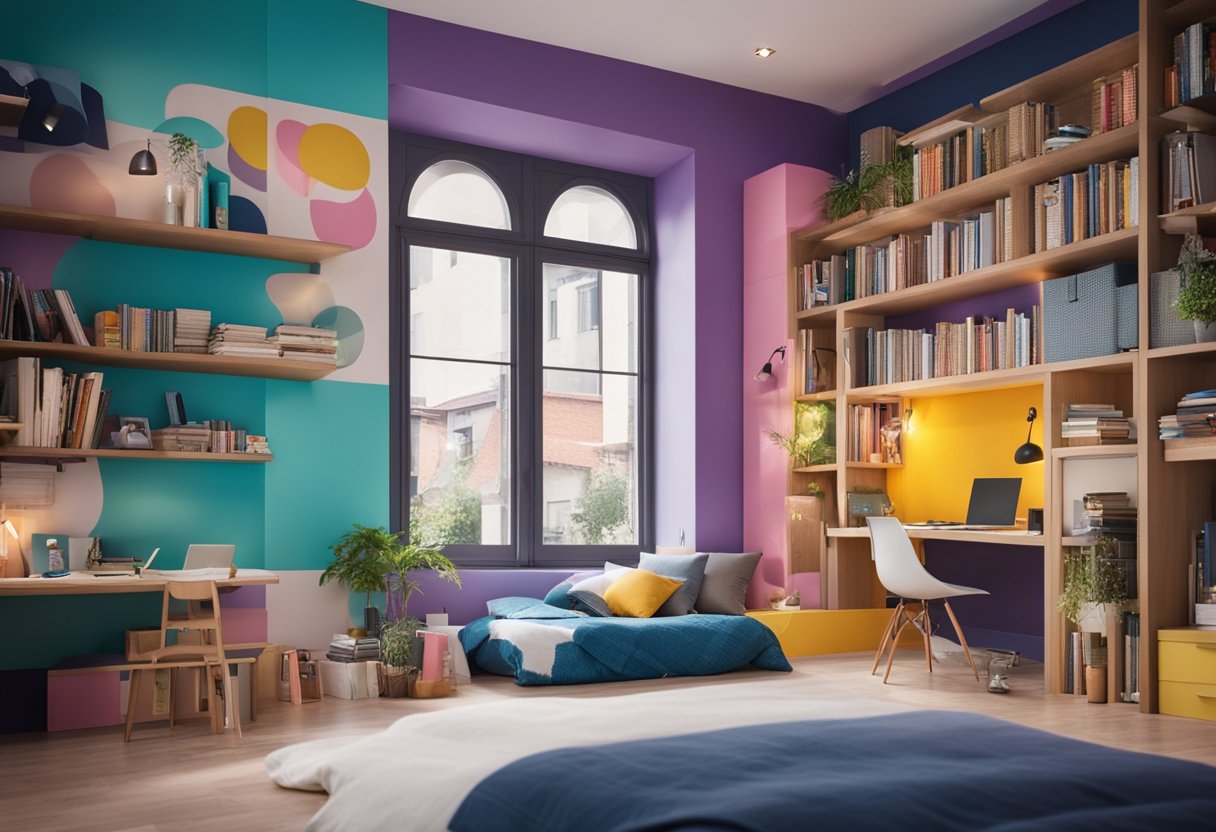 A vibrant teenage bedroom with a cozy bed, colorful wall art, a study desk, and a bookshelf filled with books and personal items