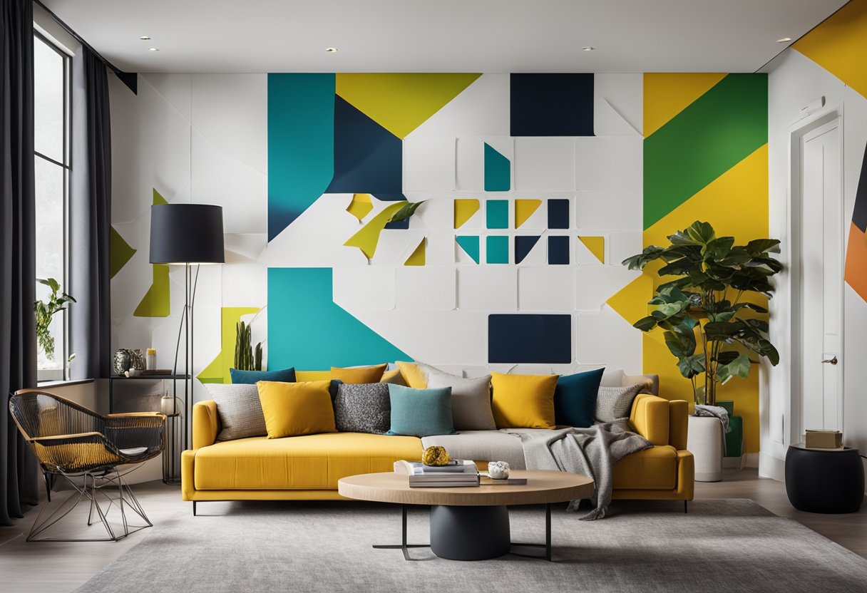 A spacious living room with sleek, minimalist furniture and bold, geometric pop art designs adorning the walls and ceiling. A mix of vibrant colors and clean lines create a modern and innovative space
