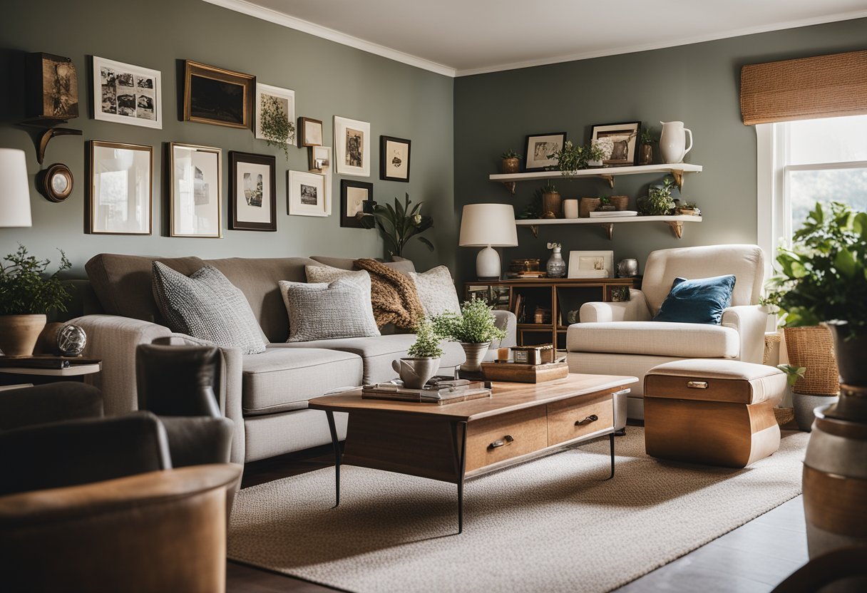 A cozy living room with a mix of modern and vintage furniture, adorned with personal mementos and unique decor, reflecting the homeowner's story and personality