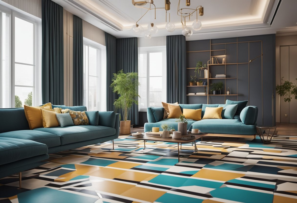 A modern living room with a 3D floor design featuring geometric patterns and vibrant colors, complemented by sleek furniture and natural lighting