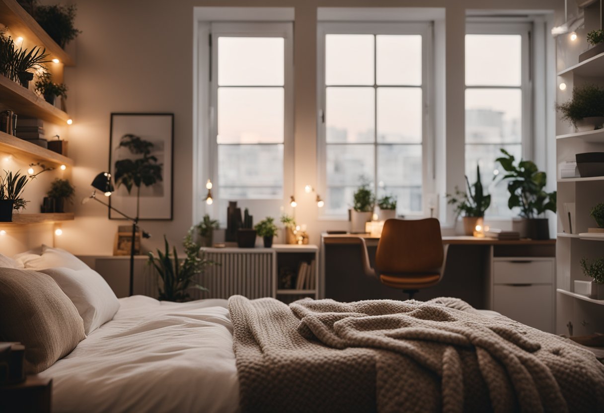 A cozy bedroom with a large window, soft lighting, and a comfortable bed with plush pillows and a warm throw blanket. A small desk with a chair and a bookshelf complete the space