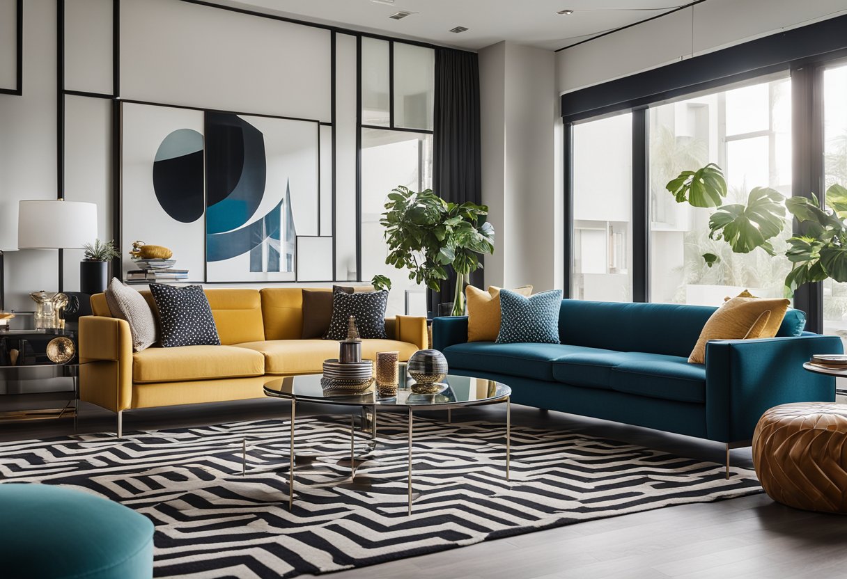 A modern living room with sleek furniture, bold patterns, and vibrant colors. Clean lines and geometric shapes create a dynamic and visually engaging space
