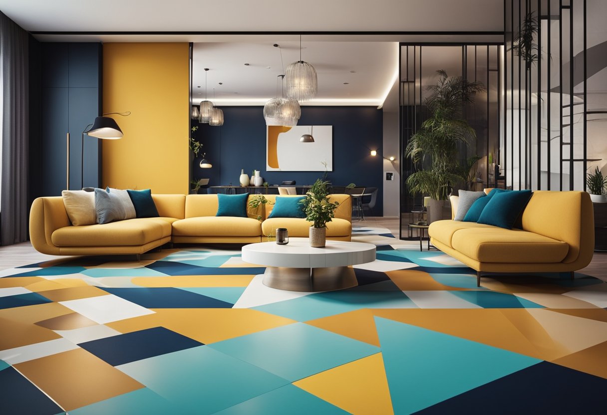 A living room with a 3D floor design featuring geometric patterns and vibrant colors, creating a visually dynamic and modern space