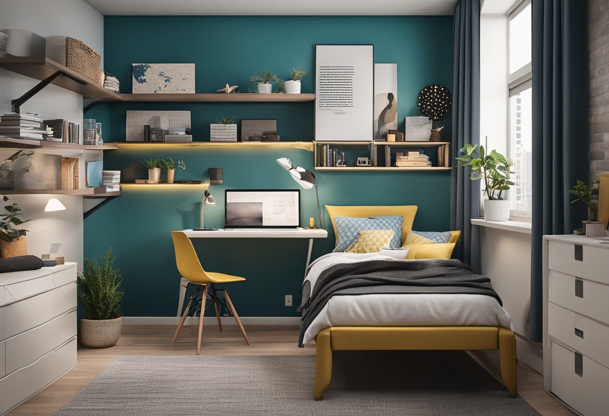 A cozy teenage bedroom with a modern loft bed, vibrant accent wall, and a study nook with a sleek desk and comfortable chair