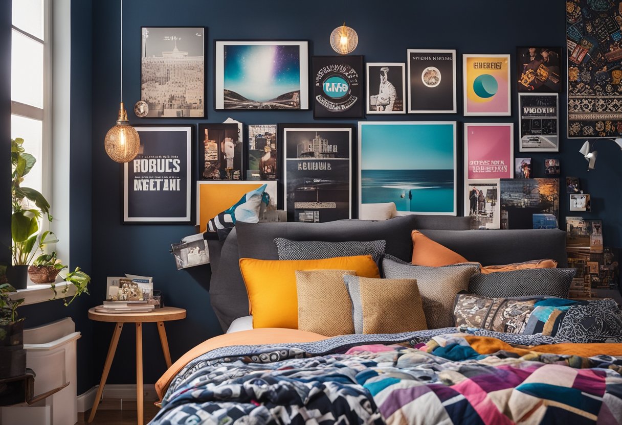 A teenage bedroom is adorned with colorful throw pillows and a cozy rug. Posters of favorite bands and artwork decorate the walls, while shelves display books and trinkets. The bed is neatly made with a stylish duvet cover