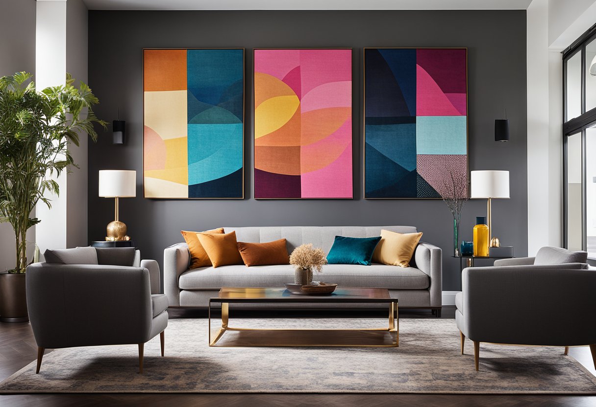 A modern living room with sleek furniture, vibrant colors, and geometric patterns. A large, abstract art piece hangs on the wall, while a statement rug anchors the space