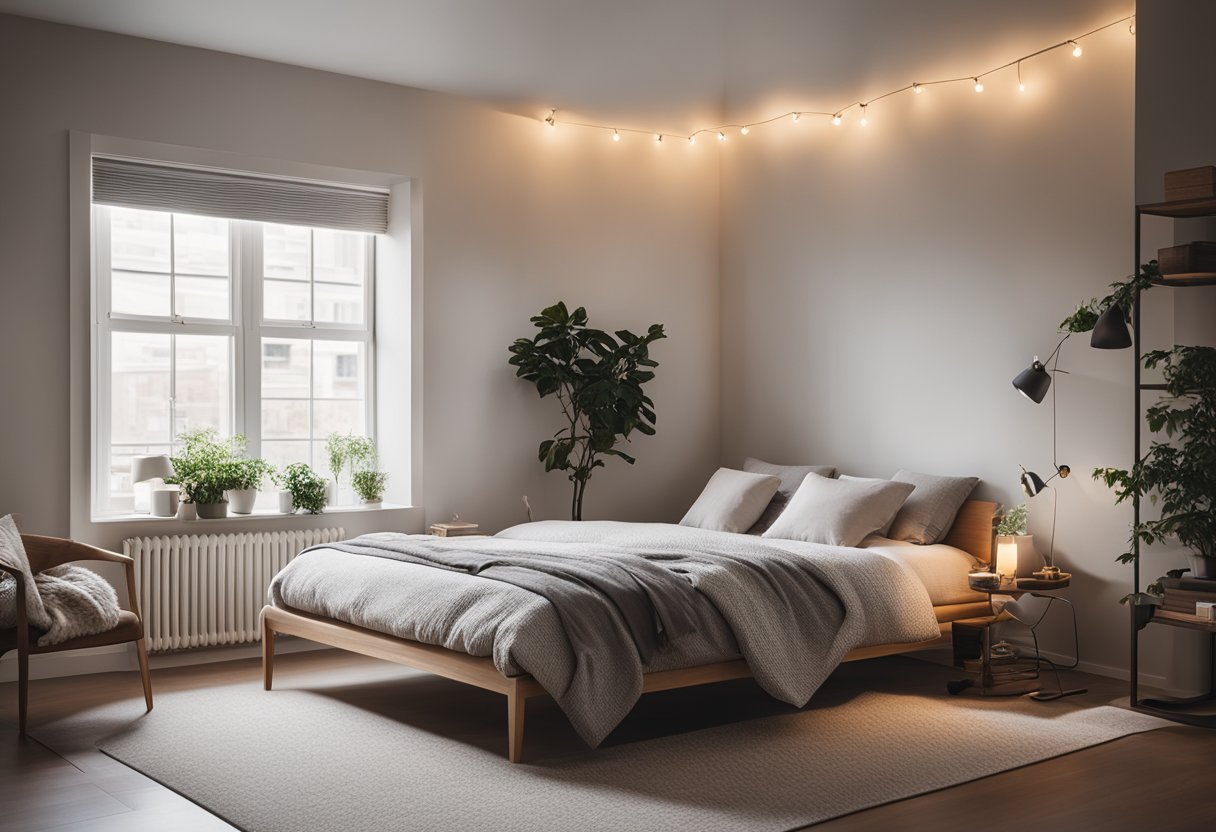 A cozy bedroom with a plush bed, soft lighting, and a reading nook by the window. A calming color scheme and minimal clutter create a tranquil atmosphere