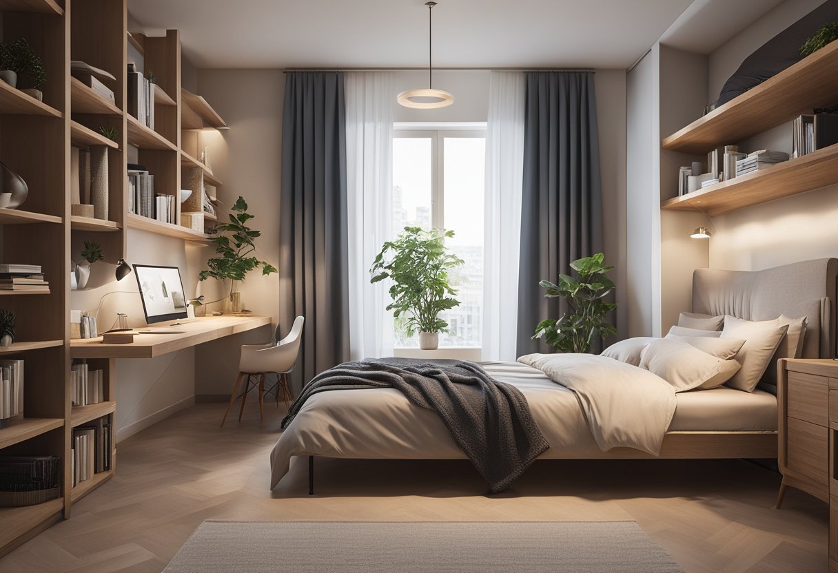 A cozy bedroom with a minimalistic design, featuring a comfortable bed, a small desk, and a stylish bookshelf. The room is well-lit with natural light and has a calming color scheme