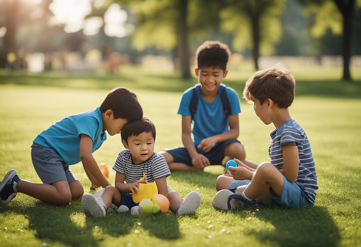 Children playing in a park, some running around and others sitting on the grass. A few kids are coughing and sneezing, while others are sharing toys and snacks