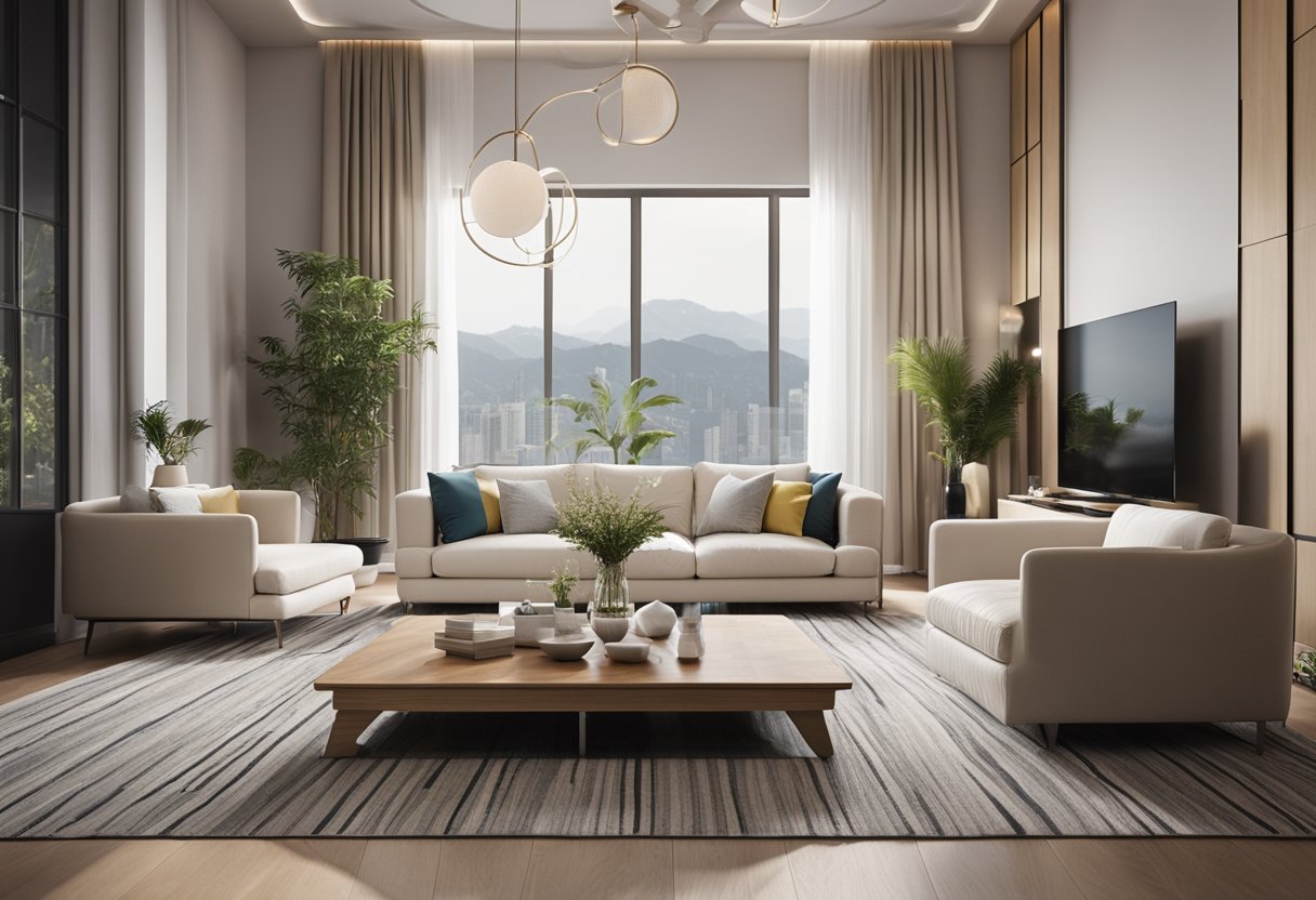 A modern living room with 3D floor design, featuring sleek furniture, vibrant decor, and natural lighting